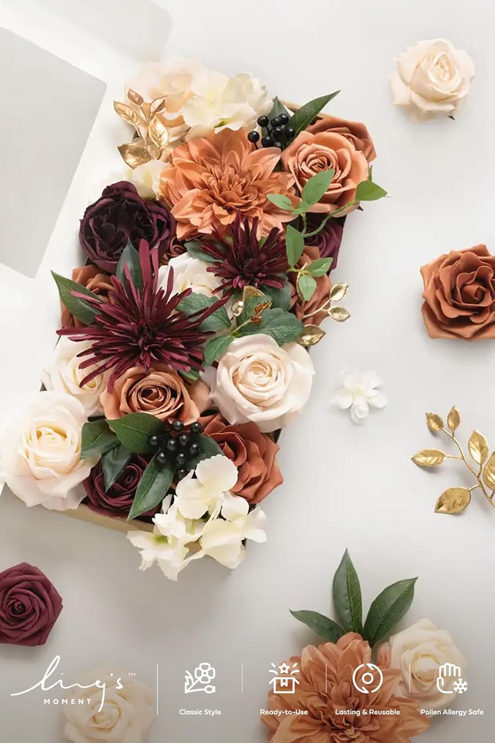 Ling's moment Fake Flowers Box, Faux Artificial Greenery Stems Foam Roses Berry Silk Dahlia Hydrangea Fabic Flower for Centerpieces Bouquet Wedding Floral Vase, Terracotta & Burgundy, Deluxe Combo