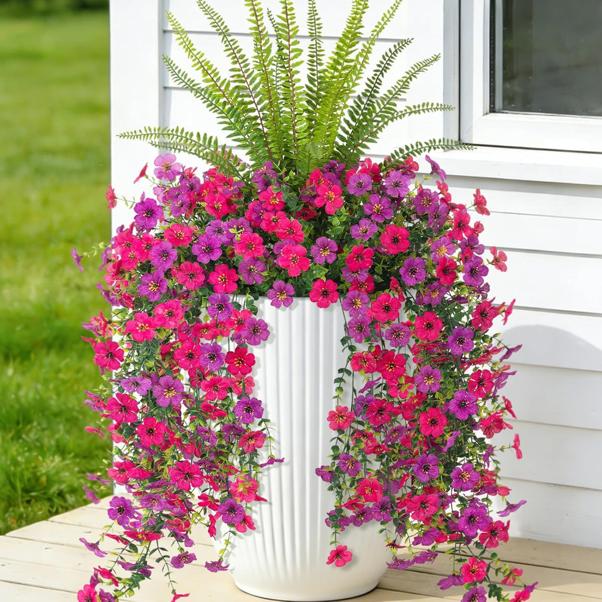 Artificial Fake Hanging Flowers Plants for Outdoor Spring Decoration, 3 Pcs Faux Silk Daisy with Boston Ferns, UV Resistant Look Real for Outside Home Indoor Planter Porch Patio Balcony Yard Decor