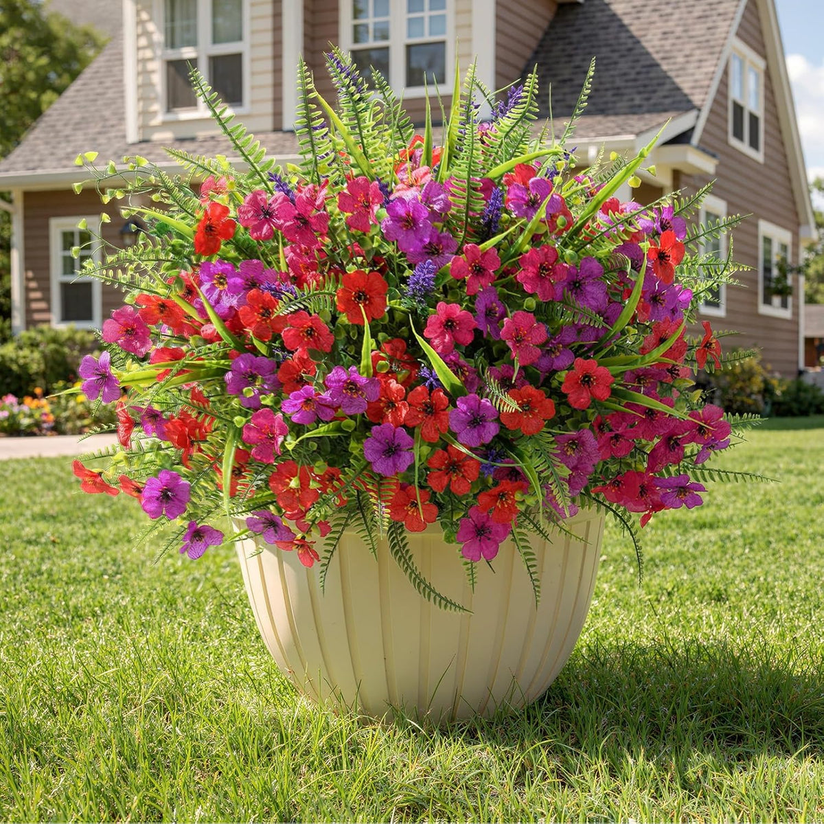 Alupssuc 24 Bundles Artificial Flowers for Outdoors Spring Decoration, UV Resistant Faux Eucalyptus Violet and Lavender Silk Fake Plants for Outside Indoor Yard Home Patio Decor, Red Rose Purple