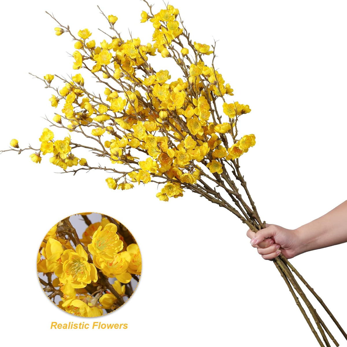 6 PCS Artificial Cherry Blossom Branches Spring Indoor Decoration, Faux Yellow Silk Flowers 34.45" Long Stems Real Touch Plum Fake Peach Plants for New Year Wedding Home Bedroom Table Office