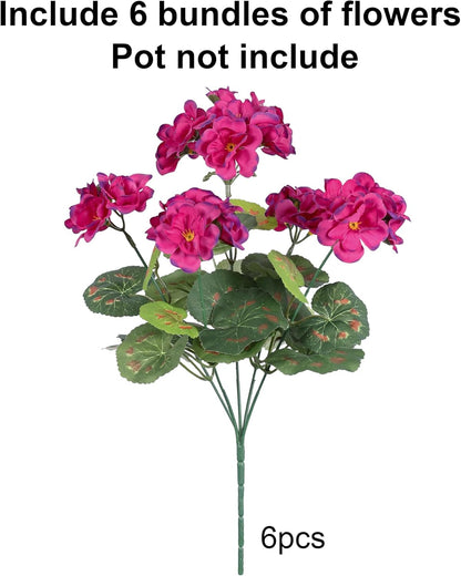 Artificial Geranium Fake Flowers for Outdoors Decoration, 6 Bundles Silk Geraniums Flower UV Resistant Look Real Faux Plants for Outside Planter Front Door Garden Patio Balcony Yard Home, Fuchsia