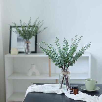 VIERENA 17.5" Artificial Eucalyptus Stems in Glass Vase with Faux Water, Fake Plant Eucalyptus Leaves White Seeds for Centerpiece Table Decorations Farmhouse Wedding Home Greenery Decor (Sage Green)