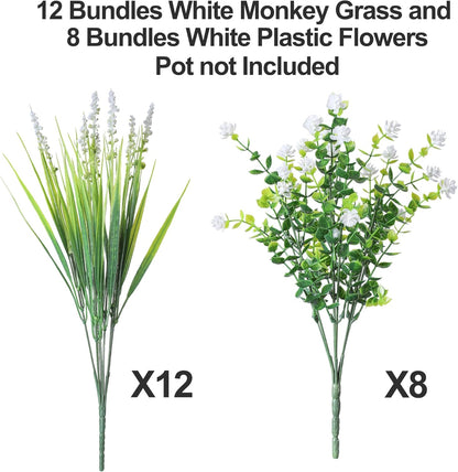 Artificial Fake Outdoor Plants Flowers for Spring Decoration, UV Resistant Realistic White Plastic Flowers Faux Plant Monkey Grass for Planter Home Garden Porch Patio Window Box