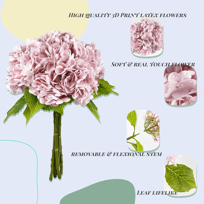 Tafren💐 21In Pink Artificial Hydrangea Flowers 5 Pcs Real Touch 3D Print Latex Flowers for Wedding Centerpieces Bouquets DIY Floral Decor Home Decoration with Stems