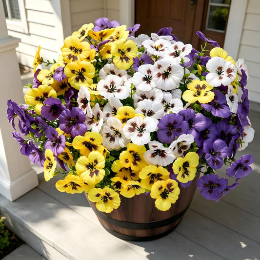 Artificial Pansies Flowers for Outdoors, 12 Pcs Faux Silk Pansy Flower UV Resistant Fake Plants for Outside Planter Porch Yard Patio Home Decor, Yellow White Purple, 12