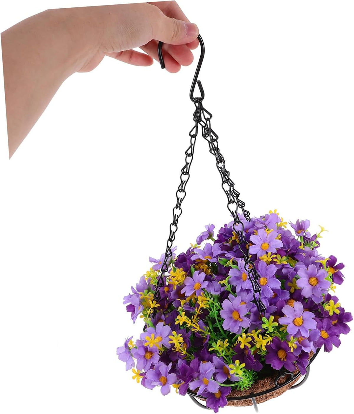 Outdoor Hanging Basket Purple Artificial Flowers Faux Plant in Pot Iron Hanging Flower Garland for Porch