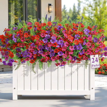 Alupssuc 24 Bundles Artificial Flowers for Outdoors Spring Decoration, UV Resistant Faux Eucalyptus Violet and Lavender Silk Fake Plants for Outside Indoor Yard Home Patio Decor, Red Rose Purple