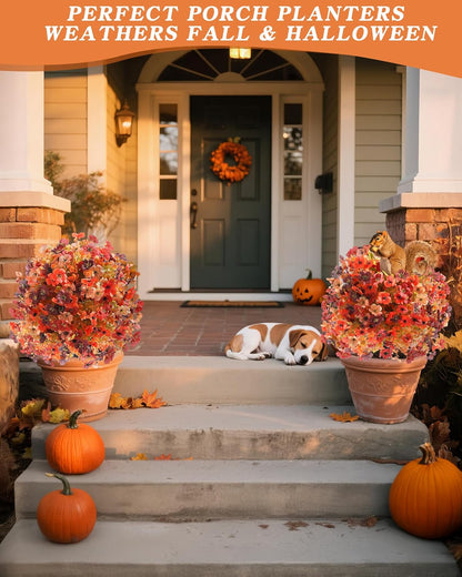 Artificial Mums Topiary Ball Tree With Flowers for Outdoors Fall Decor, Orange UV Resistant Fake Plants With Ground Spike Autumn Decorations for Home, Front Porch, Garden, Thanksgiving, Planters