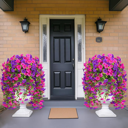 Dolicer 2 Packs Look Real Artificial Flowers for Outdoors, Fake Artificial Hanging Flowers for Outdoors Realistic UV Resistant Hanging Flowers Silk Petunia Faux Flowers for Porch Patio(Purple+Fuchsia)