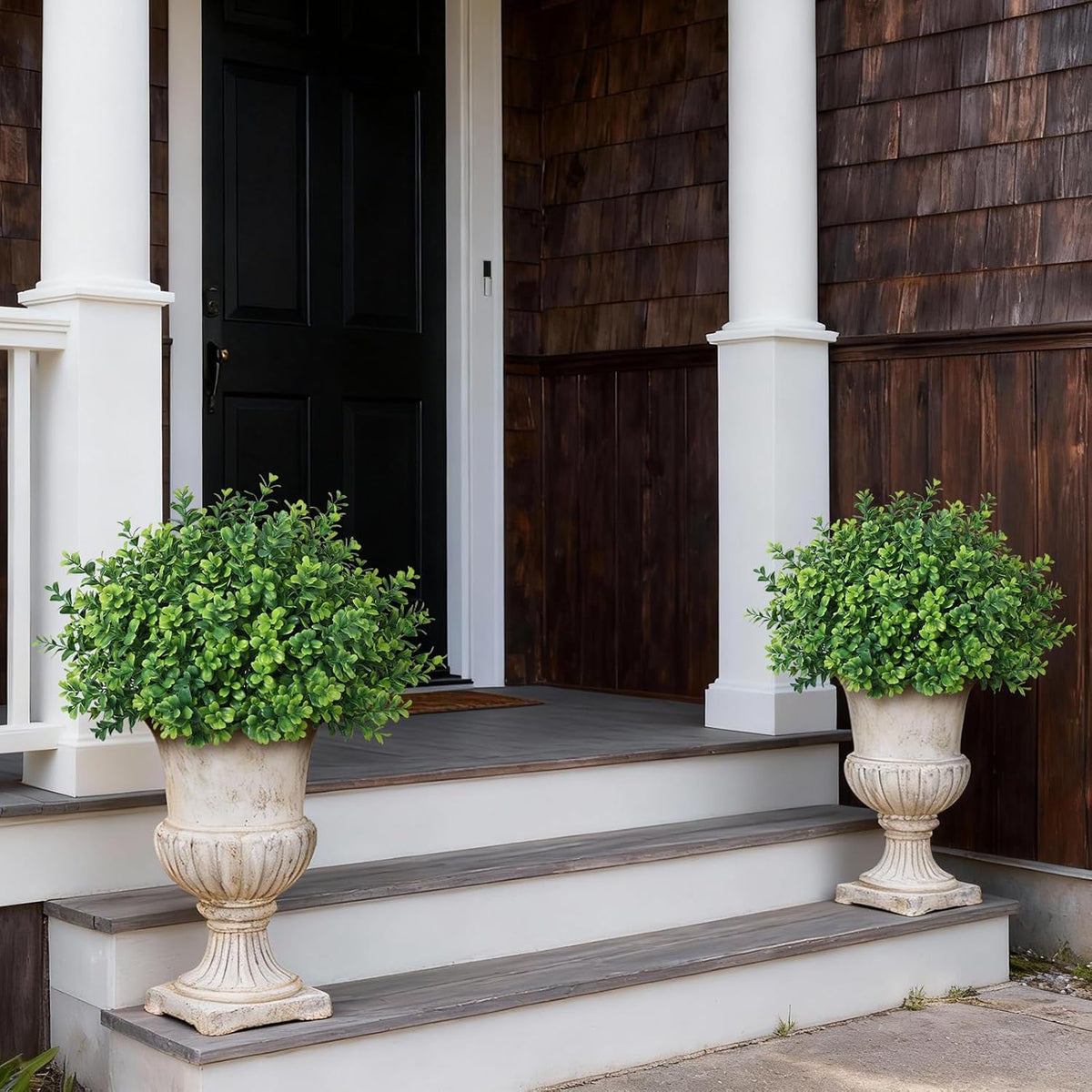 Set of 2 Artificial Boxwood Topiary Trees for Front Door - Faux Realistic Greenery Potted Plants, Fake Outdoor UV-Resistant Bushes with Pots for Porch, Farmhouse, Home, Garden Decor