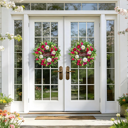 24 Inch Spring Summer Wreath with Pink Peony, Tulip, White Rose and Hello Wooden Sign
