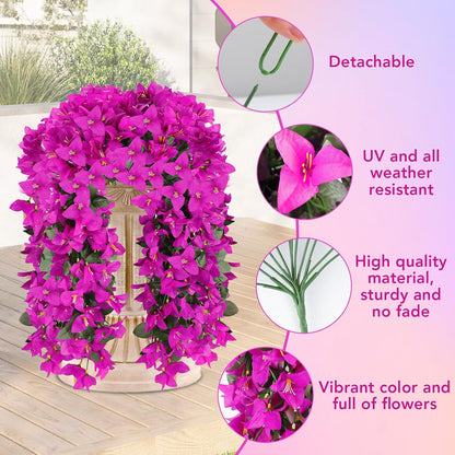 Artificial Bougainvillea Flowers for Outdoor Plant, 2 Pcs Faux Hanging Flowers Bougainvillea for Outside Decoration, Fake Silk UV Resistant Vines for Front Door Porch (Fuchsia)