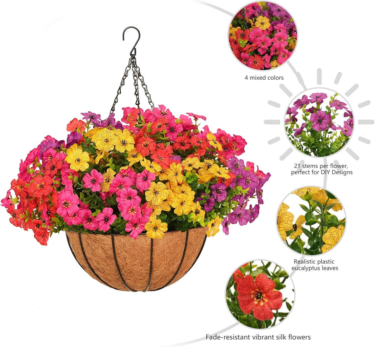 2 Set Artificial Hanging Flowers with Basket for Outdoor Spring Summer Decor - 24 Pcs Realistic UV-Resistant Silk Daisy Hanging Plants for Garden Porch Patio Balcony Decoration