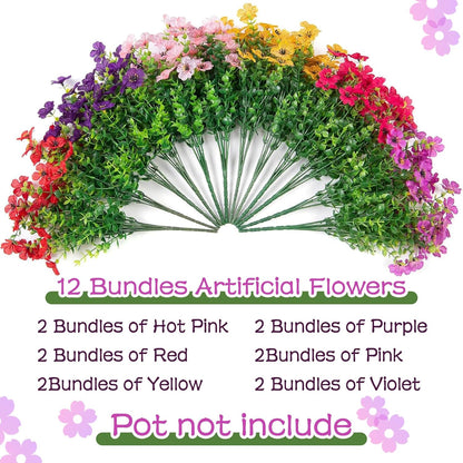 Artificial Flowers for Outdoors, Faux Flowers Daisy with Eucalyptus Leaves for Indoor Garden Home Decoration, UV Resistant Artificial Flower Fake Plants for Porch Patio, 12 Bundles (6 Multicolor)